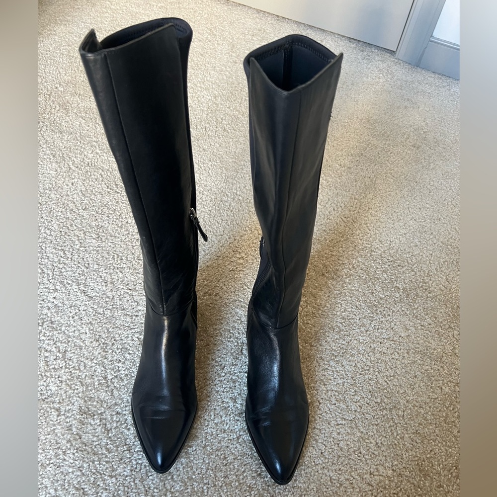 Nine West Levi Black Leather Stratch Back Knee High Boots Pointy Toe Size 8